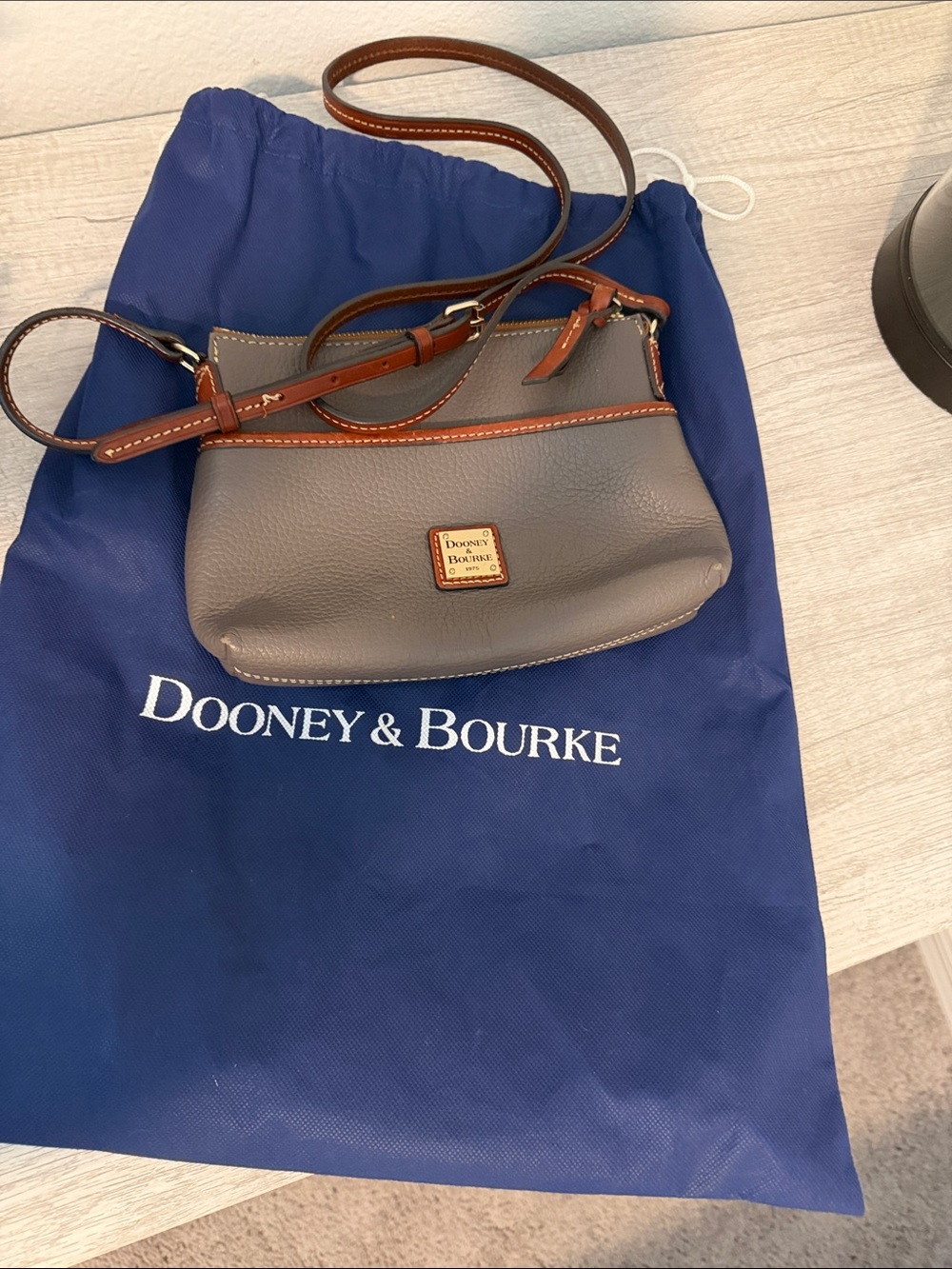 Dooney & Bourke Gray Pebbled Leather Crossbody with Brown Trim